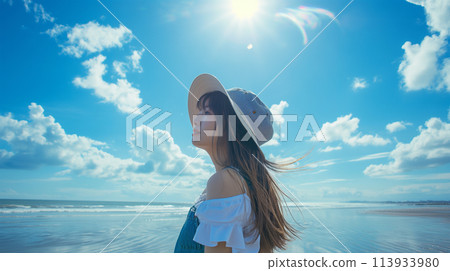 One piece woman in a straw hat on the beach One piece woman in a straw hat on the beach 113933980