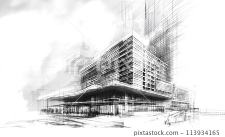 Monochrome image of a commercial facility or hotel Monochrome image of a commercial facility or hotel 113934165