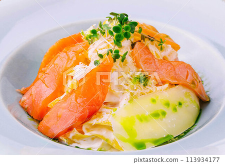 plate of pasta and smoked salmon plate of pasta and smoked salmon 113934177