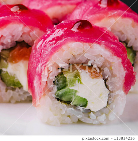 Tuna Maki Sushi on white plate 113934236
