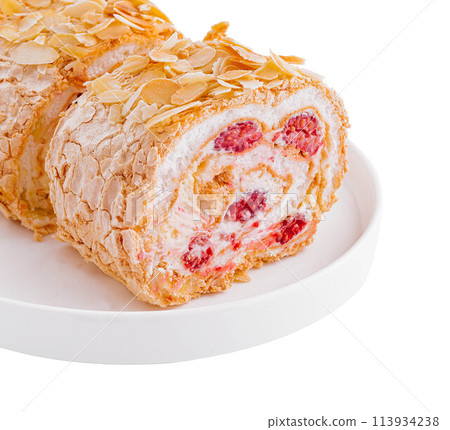 sponge cake roll with raspberries inside sponge cake roll with raspberries inside 113934238