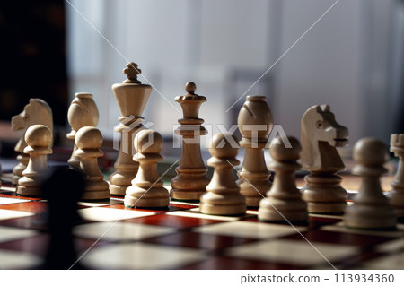 Chess on the board before the game starts. Chess pieces, duel, strategy, game concept. 113934360