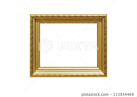 Gold frame for a picture in a classic baroque style on a white blank isolated background.  113934469