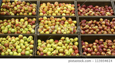 Apple harvest on the supermarket counter. Farm apples in boxes on a market display. 113934614