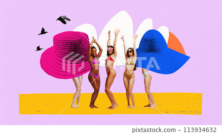 Poster. Contemporary art collage. Group of young women, in swimsuits dancing against abstract beach background. Artwork. 113934632