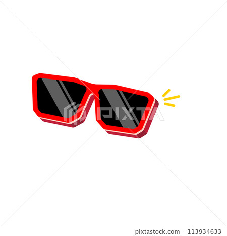 Red sunglasses with black lens isolated on white background. Cartoon funny womans red summer sunglasses icon, label and sign. Cool hipster Sunglasses vector graphic illustration 113934633