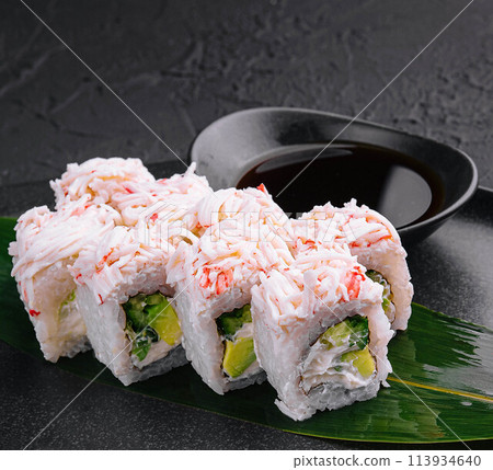 sushi rolls with crab sticks with avocado sushi rolls with crab sticks with avocado 113934640