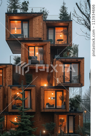 A wooden modern high building with lots of windows A wooden modern high building with lots of windows 113934666