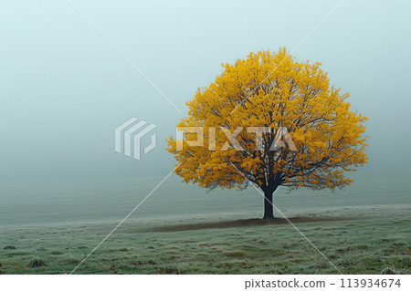 A tree with yellow leaves stands in a foggy field A tree with yellow leaves stands in a foggy field 113934674