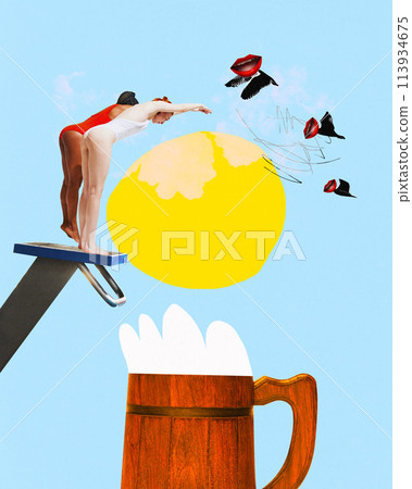Poster. Contemporary art collage. Two woman in swim suits stands on stage and preparing to diving into wooden mug of beer. 113934675