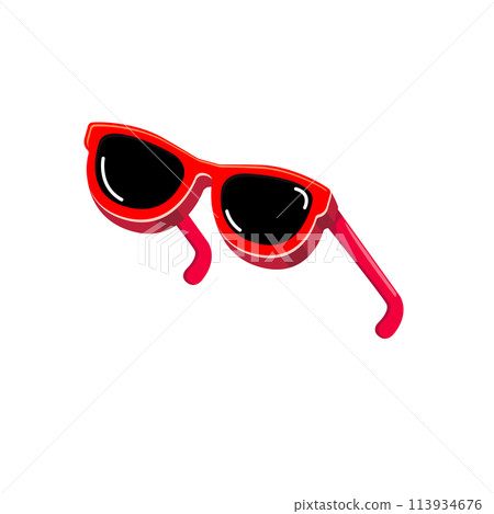 Red sunglasses with black lens isolated on white background. Cartoon funny womans red summer sunglasses icon, label and sign. Cool hipster Sunglasses vector graphic illustration 113934676
