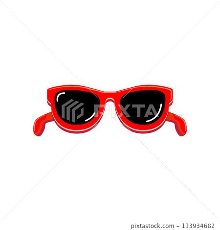 Red sunglasses with black lens isolated on white background. Cartoon funny womans red summer sunglasses icon, label and sign. Cool hipster Sunglasses vector graphic illustration Red sunglasses with black lens isolated on white background. Cartoon funny womans red summer sunglasses icon, label and sign. Cool hipster Sunglasses vector graphic illustration 113934682