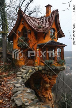 A house built with rocks, featuring plants growing out of it 113934685