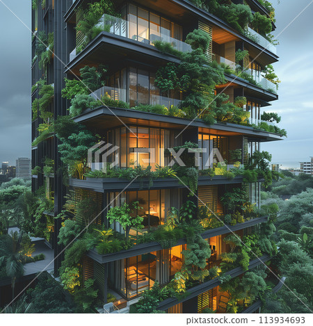A modern wooden high-rise building covered in numerous plants and greenery 113934693