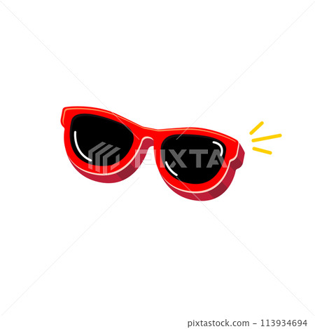 Red sunglasses with black lens isolated on white background. Cartoon funny womans red summer sunglasses icon, label and sign. Cool hipster Sunglasses vector graphic illustration 113934694