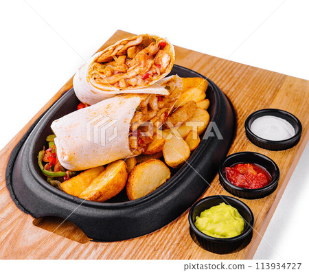 shawarma with fried potato wedges and different sauce shawarma with fried potato wedges and different sauce 113934727
