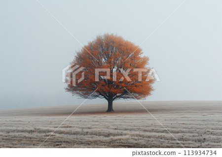 A tree stands alone amidst fog in a field 113934734
