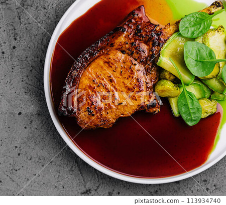 grilled steak with zucchini and Brussels sprouts grilled steak with zucchini and Brussels sprouts 113934740