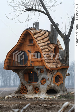 A modern high house constructed entirely out of logs A modern high house constructed entirely out of logs 113934821