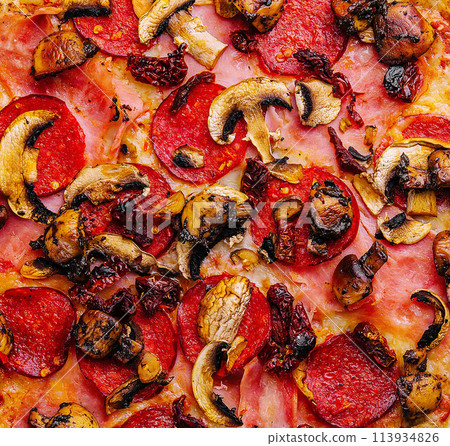 Pepperoni pizza with sausage close up Pepperoni pizza with sausage close up 113934826
