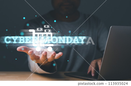 Cyber Monday is a marketing term for e-commerce transactions on the Monday after Thanksgiving in the United States. Shopping, discount, sale, buy, online Cyber Monday background concept. copy space. Cyber Monday is a marketing term for e-commerce transactions on the Monday after Thanksgiving in the United States. Shopping, discount, sale, buy, online Cyber Monday background concept. copy space. 113935024