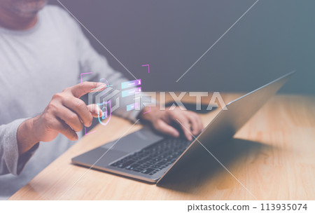 Login icon and internet network security technology. Businessperson touching to sign in for protecting personal data with virtual screen interfaces. Cybersecurity and privacy concepts to protect data. Login icon and internet network security technology. Businessperson touching to sign in for protecting personal data with virtual screen interfaces. Cybersecurity and privacy concepts to protect data. 113935074