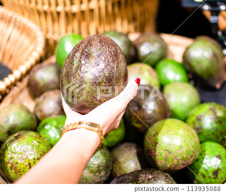 The hand of the women holding big  avocado color brown from the basket in the department store, the photograph is close up, blurred background and landscape 113935088