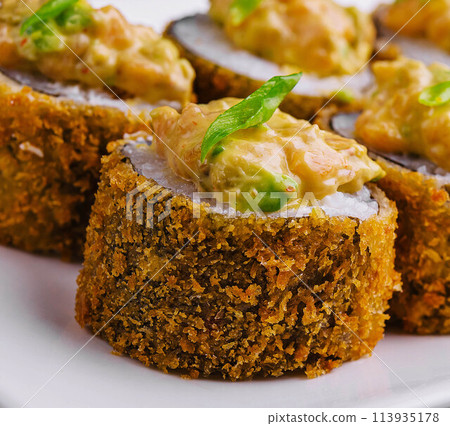 Tempura Maki Sushi on white plate 113935178