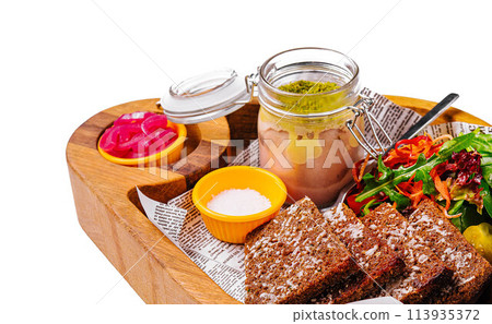 pate with garlic toasted bread and salad 113935372