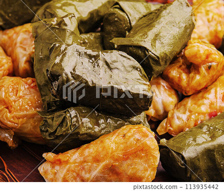dolma cabbage rolls grape leaves filling close up 113935442
