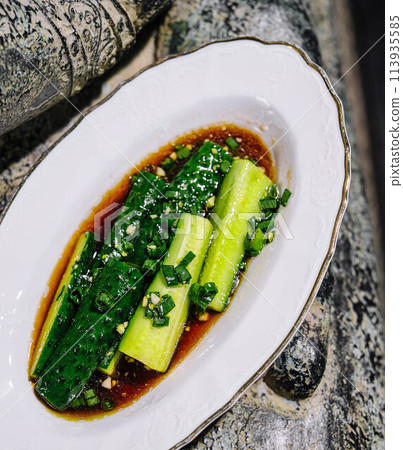 Chinese salad Broken cucumbers top view Chinese salad Broken cucumbers top view 113935585