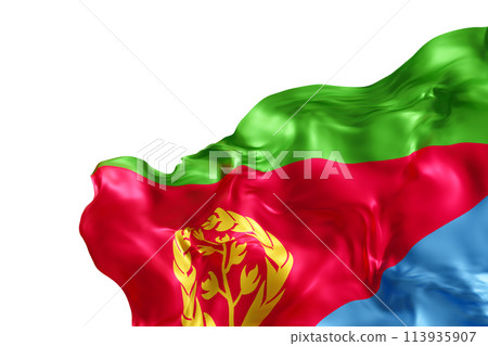 Realistic flag of Eritrea with folds, isolated on white background. Footer, corner design element. Cut out. Perfect for patriotic themes or national event promotions. Empty, copy space. 3D render. 113935907