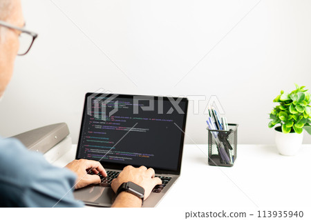 programmer coding, compiler, encode, debug, and developer application software for business corporate with laptop computer. Man programming coding web app from work at home, code show screen monitor programmer coding, compiler, encode, debug, and developer application software for business corporate with laptop computer. Man programming coding web app from work at home, code show screen monitor 113935940