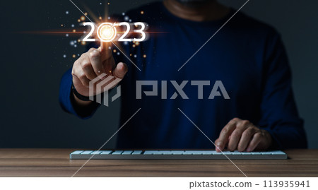 Man has idea plan management money in 2023. Person businessman has goal to business in new year 2023 and start up new project of business finance economy growth investment and have profit in future. 113935941