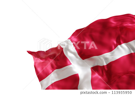 Realistic flag of Denmark with folds, isolated on white background. Footer, corner design element. Cut out. Perfect for patriotic themes or national event promotions. Empty, copy space. 3D render. 113935950