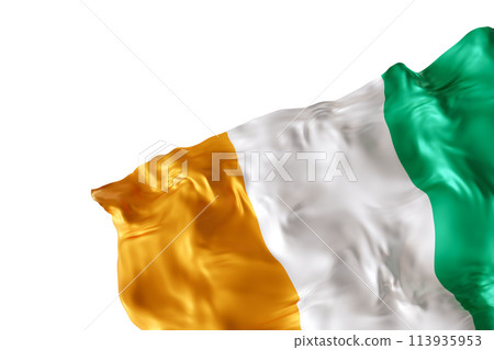 Realistic flag of Ivory Coast with folds, isolated on white background. Footer, corner design element. Cut out. Perfect for patriotic themes or national event promotions. Empty, copy space. 3D render. 113935953