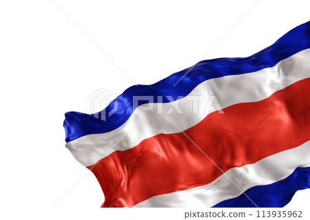 Realistic flag of Costa Rica with folds, isolated on white background. Footer, corner design element. Cut out. Perfect for patriotic themes or national event promotions. Empty, copy space. 3D render. 113935962