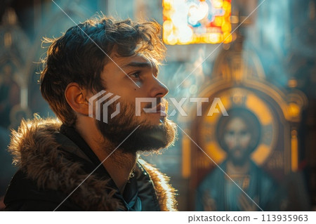 Believer in front of icon with devotion and worship in morning silence 113935963