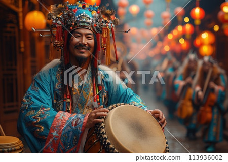 Street musicians and performers in traditional Chinese costumes 113936002