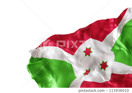 Realistic flag of Burundi with folds, isolated on white background. Footer, corner design element. Cut out. Perfect for patriotic themes or national event promotions. Empty, copy space. 3D render. 113936010