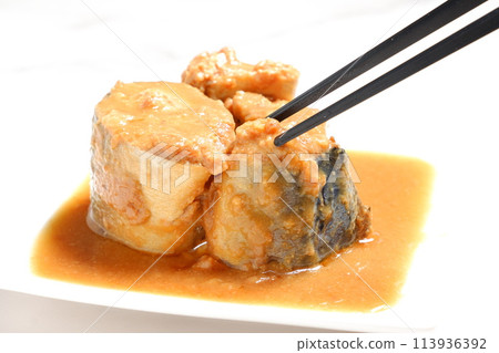 Miso-simmered mackerel, fresh mackerel stewed in miso Miso-simmered mackerel, fresh mackerel stewed in miso 113936392