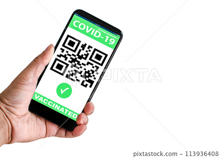 Man holding a smartphone to show app vaccine passport vaccination against coronavirus or COVID-19. The concept for preventing the spread of coronavirus. and safety demonstrations after vaccination. Man holding a smartphone to show app vaccine passport vaccination against coronavirus or COVID-19. The concept for preventing the spread of coronavirus. and safety demonstrations after vaccination. 113936408