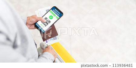 Tourists holding a smartphone to show app vaccine passport vaccination against coronavirus or COVID-19. Concept for preventing the spread of coronavirus. and safety demonstrations after vaccination. Tourists holding a smartphone to show app vaccine passport vaccination against coronavirus or COVID-19. Concept for preventing the spread of coronavirus. and safety demonstrations after vaccination. 113936481