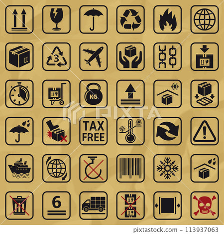 Set of packaging symbols on cardboard background 113937063