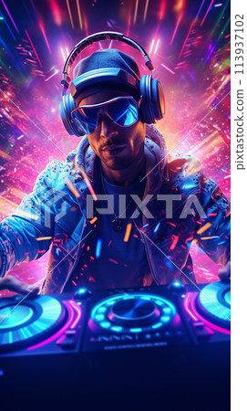 A DJ in sunglasses spins tunes on a turntable under purple lights 113937102