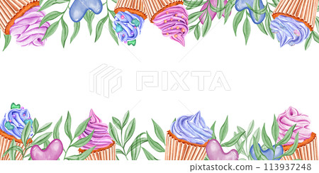 Horizontal frame with fruit berry cupcakes, heart-shaped caramels and greenery. Muffins decorated whipped creams and sweet sprinkles. Watercolor illustration for recipe design, label, invitation Horizontal frame with fruit berry cupcakes, heart-shaped caramels and greenery. Muffins decorated whipped creams and sweet sprinkles. Watercolor illustration for recipe design, label, invitation 113937248