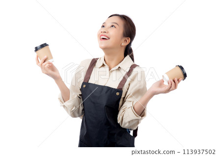 Cheerful young asian woman barista in casual work attire happily holding a takeaway coffee cup. 113937502
