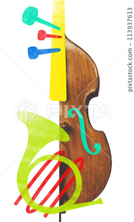 Poster. Contemporary art collage. French horn and violin with colorful highlights representing traditional and digital music blend. Trendy abstract design. Poster. Contemporary art collage. French horn and violin with colorful highlights representing traditional and digital music blend. Trendy abstract design. 113937613