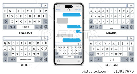 Cellphone mock up virtual keyboards. English, Arabic, German, Korean keyboards set. 113937679