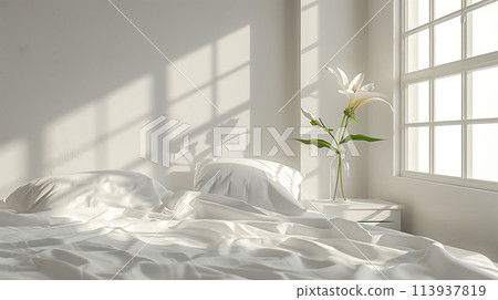 Morning serenity in white bedroom. Generative AI. 113937819